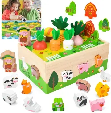 Wooden farm pulling radish and planting vegetables shape matching scene building blocks intelligence car baby 1-3 educational toys